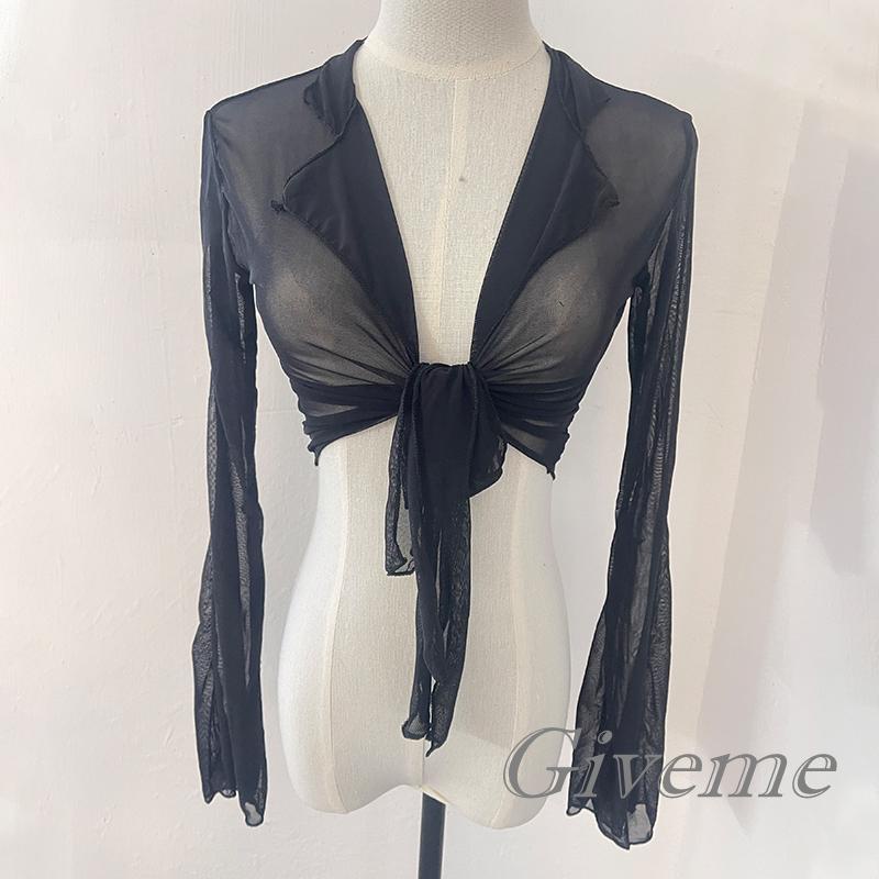 Áo Thun Crop Top Lưới Tay Dài Xuyên Thấu Màu Trơn Thời Trang Đường Phố Dành Cho Nữ