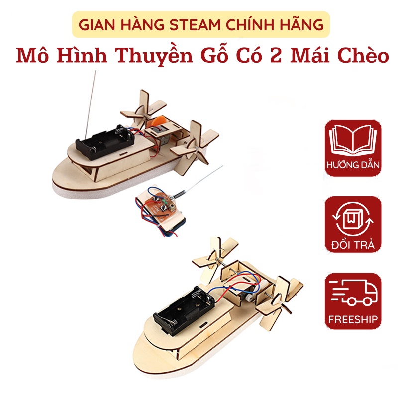 Đồ Chơi Thông Minh DYI Mô Hình Thuyền Gỗ Có 2 Mái Chèo Chạy 2 Pin AA Đồ Chơi Lắp Ghép Cho Trẻ Em