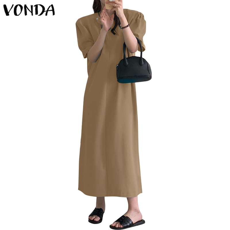 Đầm dài VONDA tay phồng cổ tròn màu trơn thời trang Hàn Quốc cho nữ