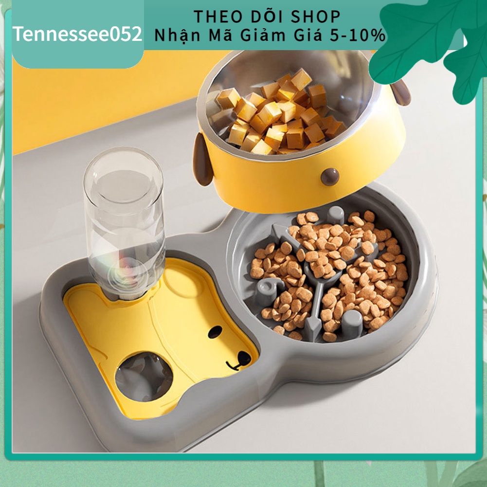[Hàng HOT] Bát ăn cho chó mèo Hai tầng hình Chó Dễ thương với bình nước uống tự động 500ml【Tennessee052】
