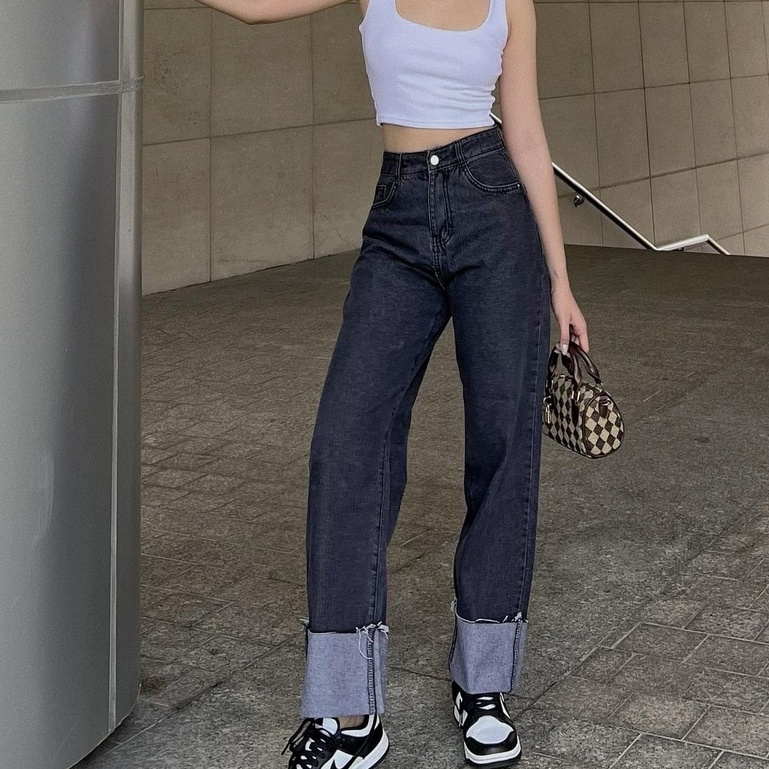 LOVI SHOP-Quần jean nữ ống đứng cạp cao gập lai to quốc dân chất dày dặn co giãn- JEANS LẬT LAI