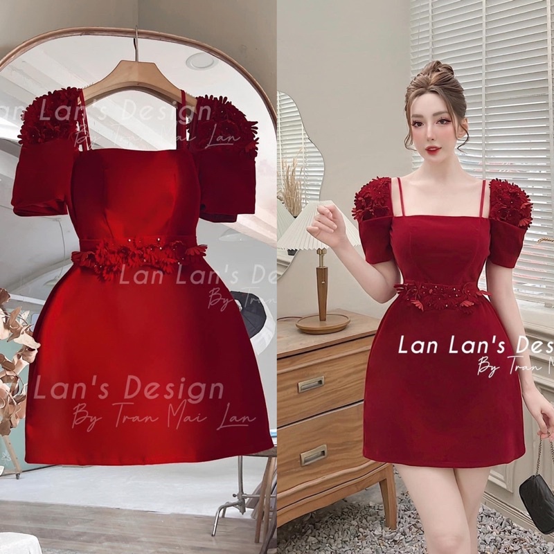 ĐẦM NHUNG ĐỎ CỔ VƯƠNG TAY PHỒNG ĐÍNH HOA