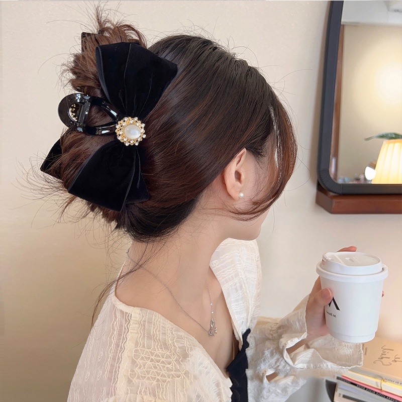 Kẹp tóc nơ HAIMEIKANG vải nhung đính ngọc trai giả phong cách Hàn Quốc mới cho nữ