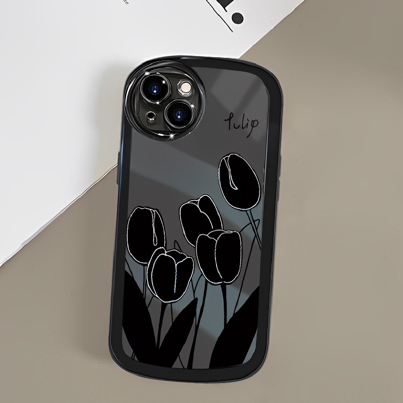 OPPO A78 A77S A57 2022 4G A16K A16E A16S A74 A95 A54 A52 A72 A92 A15 A15S A53 A33 2020 A16 A93 A95 A94 5G A9 A5 A7 A5S A12 A3S F11 Pro F9 Black Tulip Flowers Oval Airbag Shockproof Clear Soft Phone Case With Love Lanyard Back Cover DYJ 27
