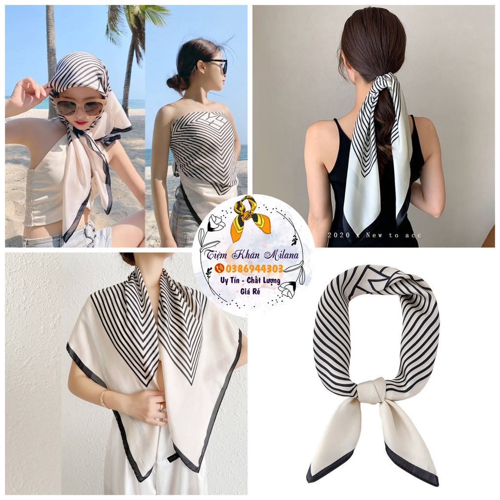 Khăn choàng cổ lụa vuông kẻ sọc đen trắng size 70x70cm nhiều màu làm áo yếm đi biển Milana