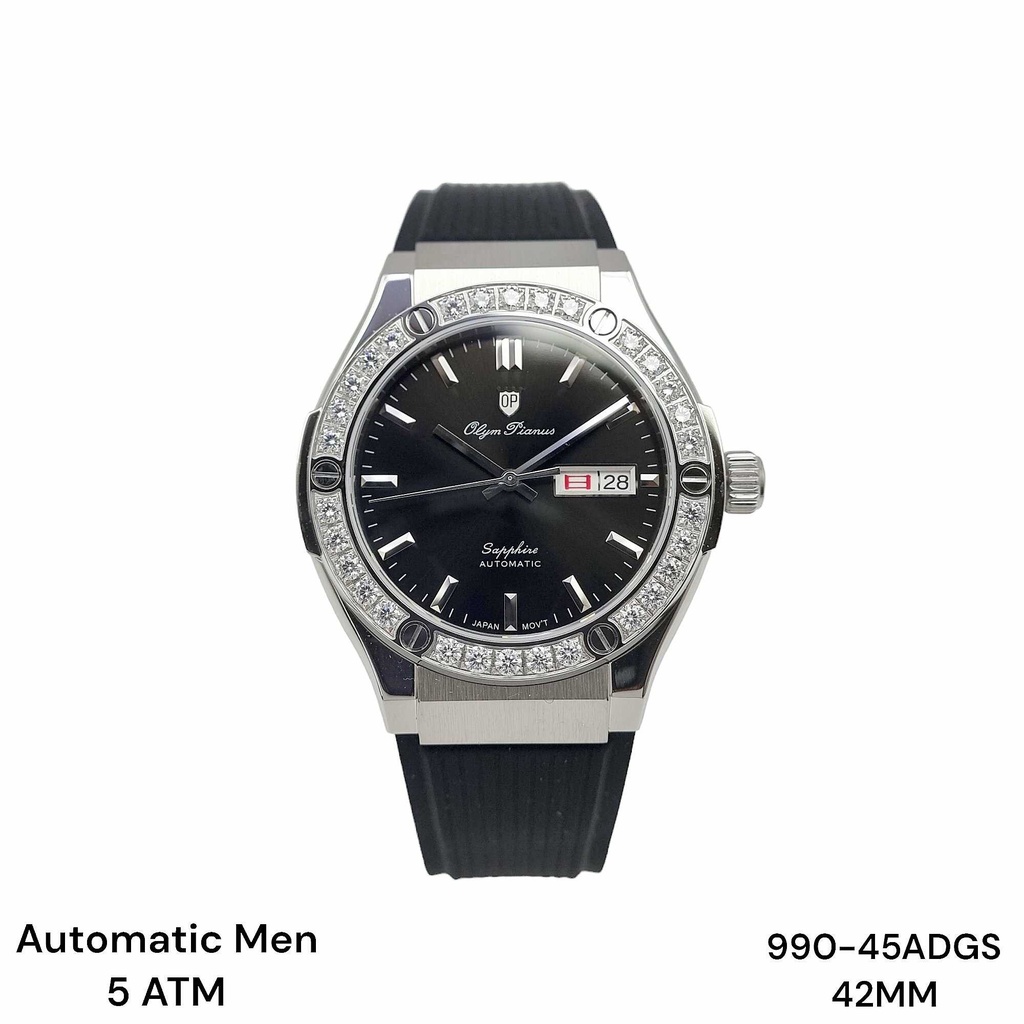 Đồng Hồ Nam OLYM PIANUS 990-45ADGS Automatic Dây Casu Đen Mặt Đen Sapphire