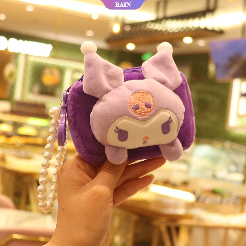 SANRIO Túi Đựng Thẻ ID / Tiền Xu Hình Vuông Phủ Lông Hình Cinnamoroll My Melody Kuromi Đính Ngọc Trai Nhân Tạo Dễ Thương Mới [RAIN]