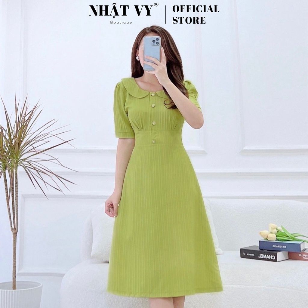 Đầm công sở NHẬT VY dáng ôm nhún ngực cổ phối bèo cài cúc chất sọc xốp phù hợp đi chơi dạo phố - D2568