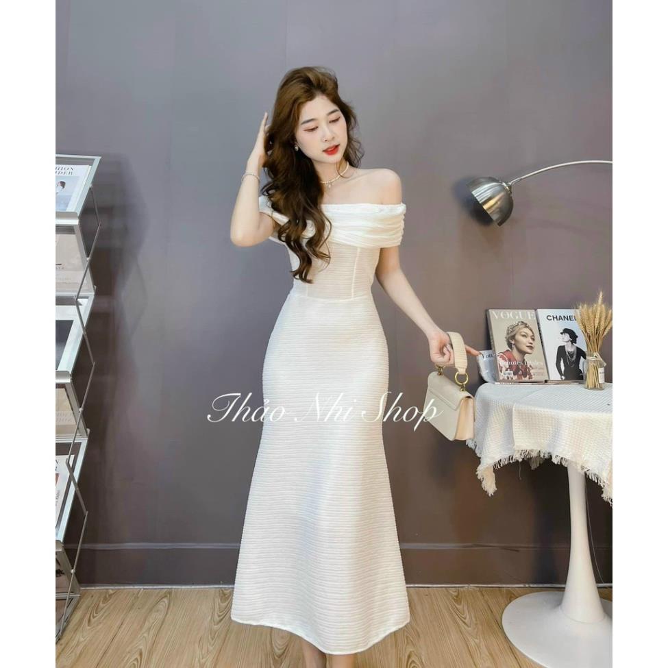 Đầm midi trắng bẹt vai dáng dài xốp nhật dự tiệc cưới mẫu thảo nhi shop