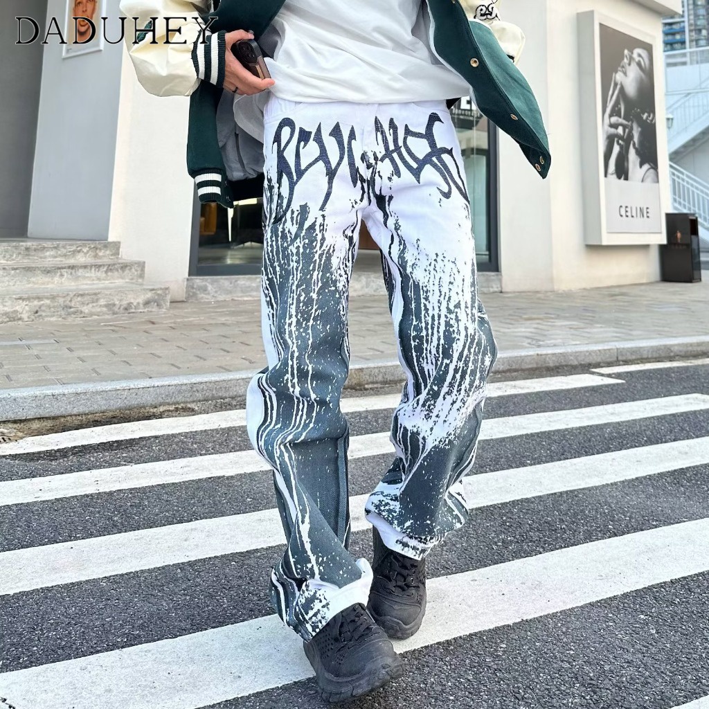 DaDuHey Men's and Women's 2022 High Street Hip Hop Fashion Brand Tie-Dyed Splash-Ink Jeans American Retro Washed Contract Color Baggy Straight Pants
