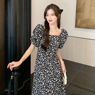 Đen plus Kích Thước Hoa Khe Chủ Nhật Thẩm Mỹ Tắt Vai Đầm Mùa Hè vintage cocktail Trang Bị Đầm Nữ Dài Thường Ngày Hàn Quốc Hợp Thời Trang Thanh Lịch Đầm Dự Tiệc