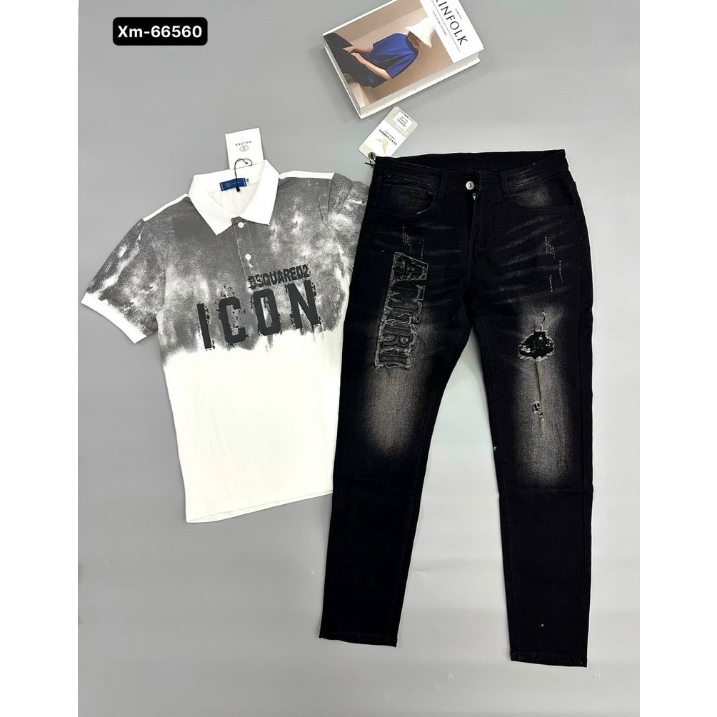 Quần jean nam ống ôm màu đen thêu xù AMR chất bò co giãn bốn chiều thời trang cao cấp VBSHOP123