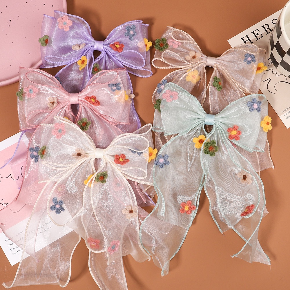 Kẹp tóc KIDSBOWS hình nơ vải chiffon thêu họa tiết hoa xinh xắn thời trang dành cho bé gái