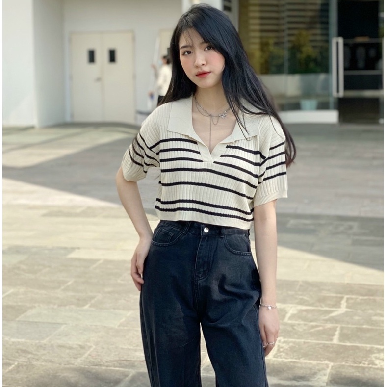 Áo len tăm Croptop cổ bẻ hoạ tiết kẻ ngang dáng A rộng