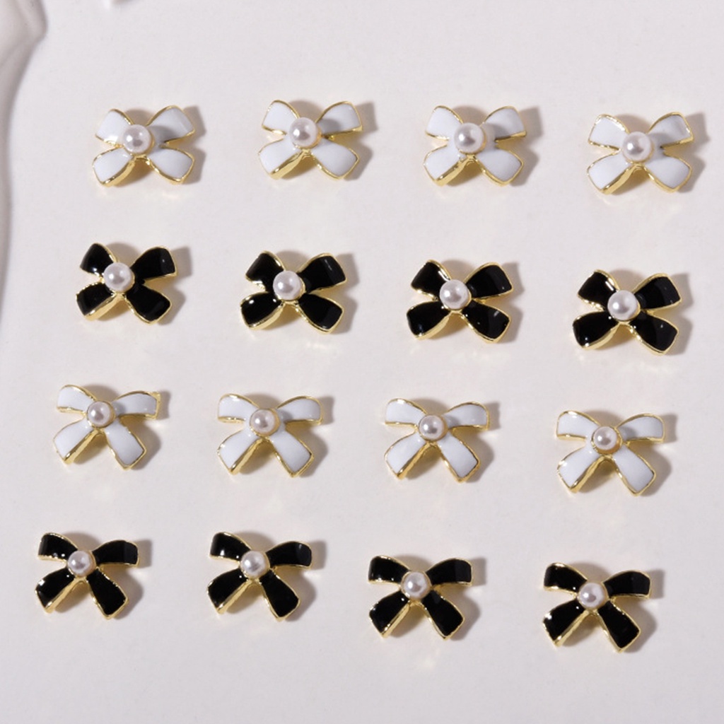 [beautymart] Set 5 Phụ Kiện Trang Trí Móng Tay Hiệu Ứng Ánh Kim Loại Sáng Bóng Hình Nơ Màu Trắng Đen