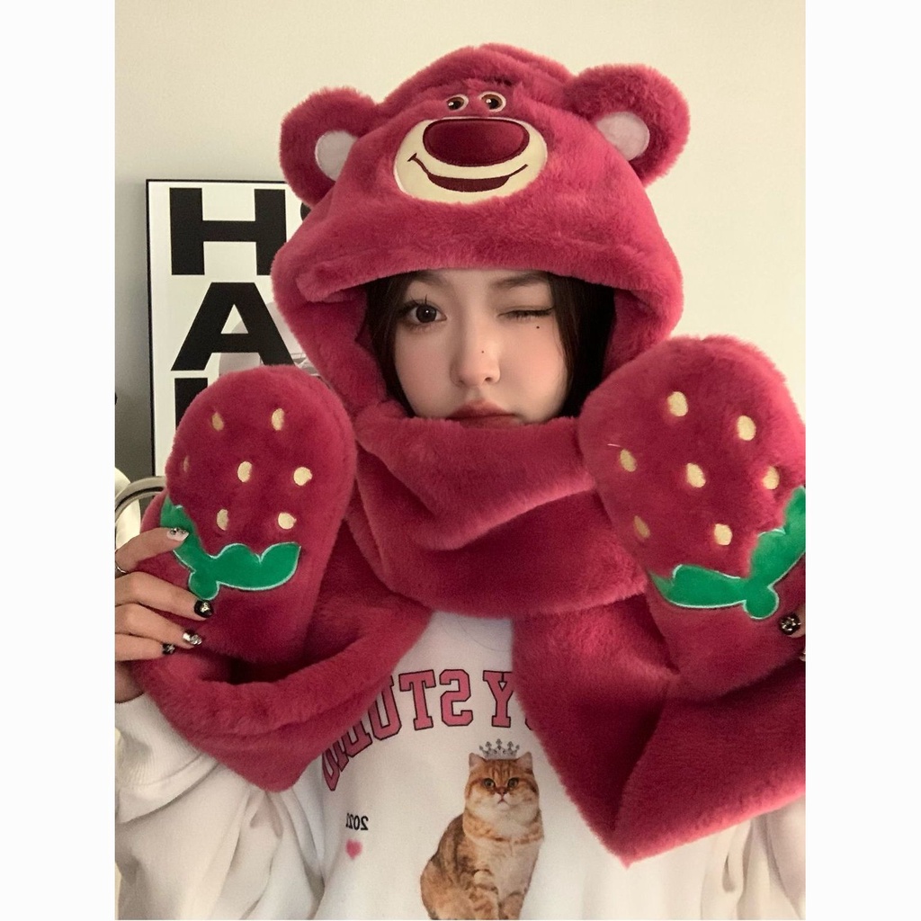Hàng Mới Về Mới Set Nón Khăn Choàng Cổ + Găng Tay + Găng Tay + Găng Tay Hình Gấu / Dâu Tây Dễ Thương Giữ Ấm Mùa Đông Cho Cặp Đôi
