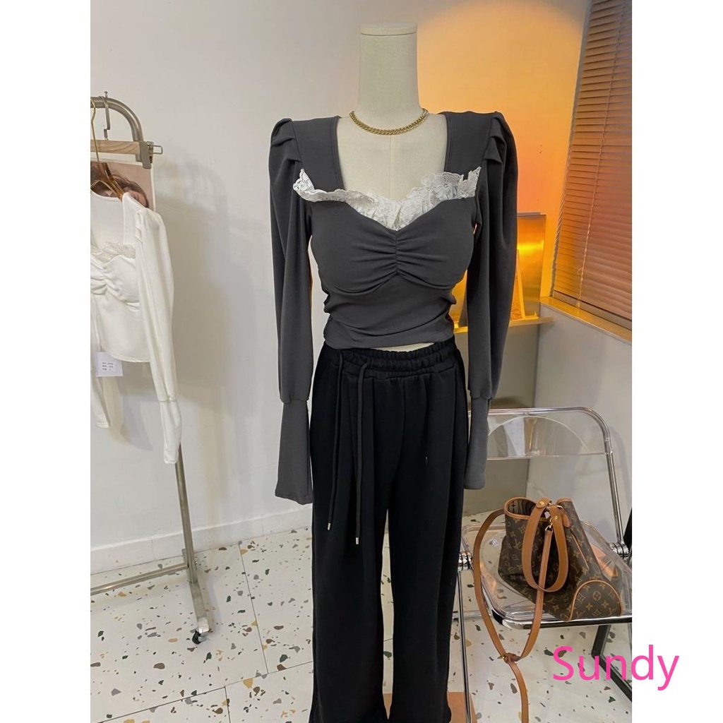 Plus Áo Thun Tay Phồng Cổ Vuông Phối Ren Thời Trang Thu Đông Cho Nữ