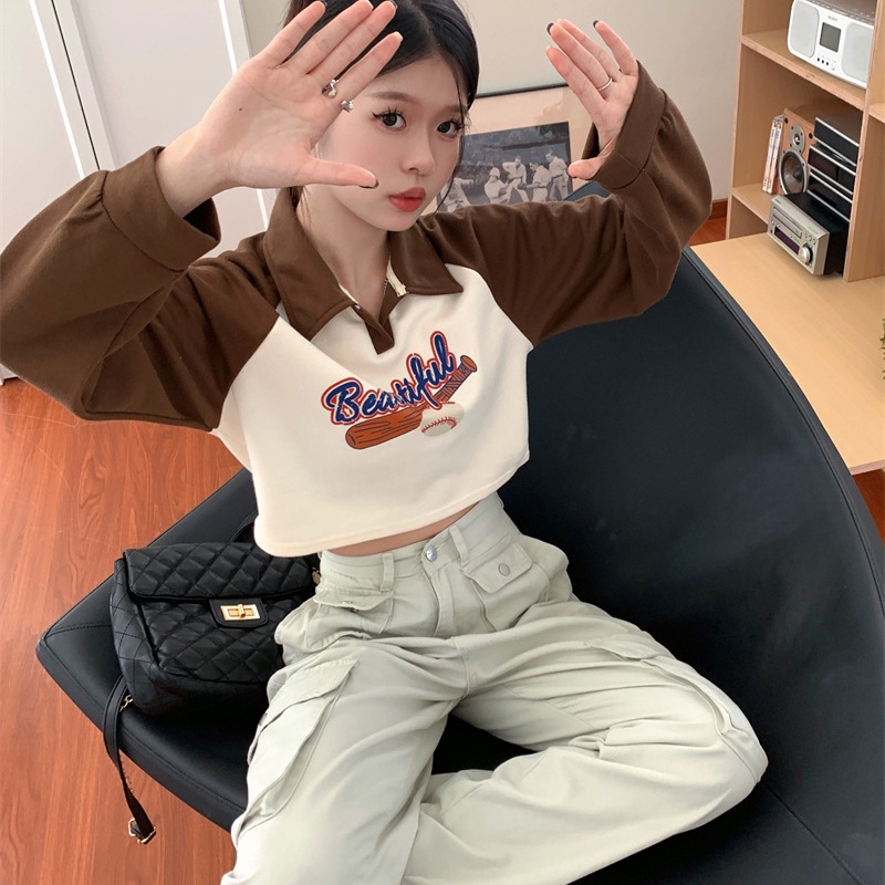 IELGY  Áo Croptop Tay Dài In Chữ Thời Trang Dành Cho Nữ