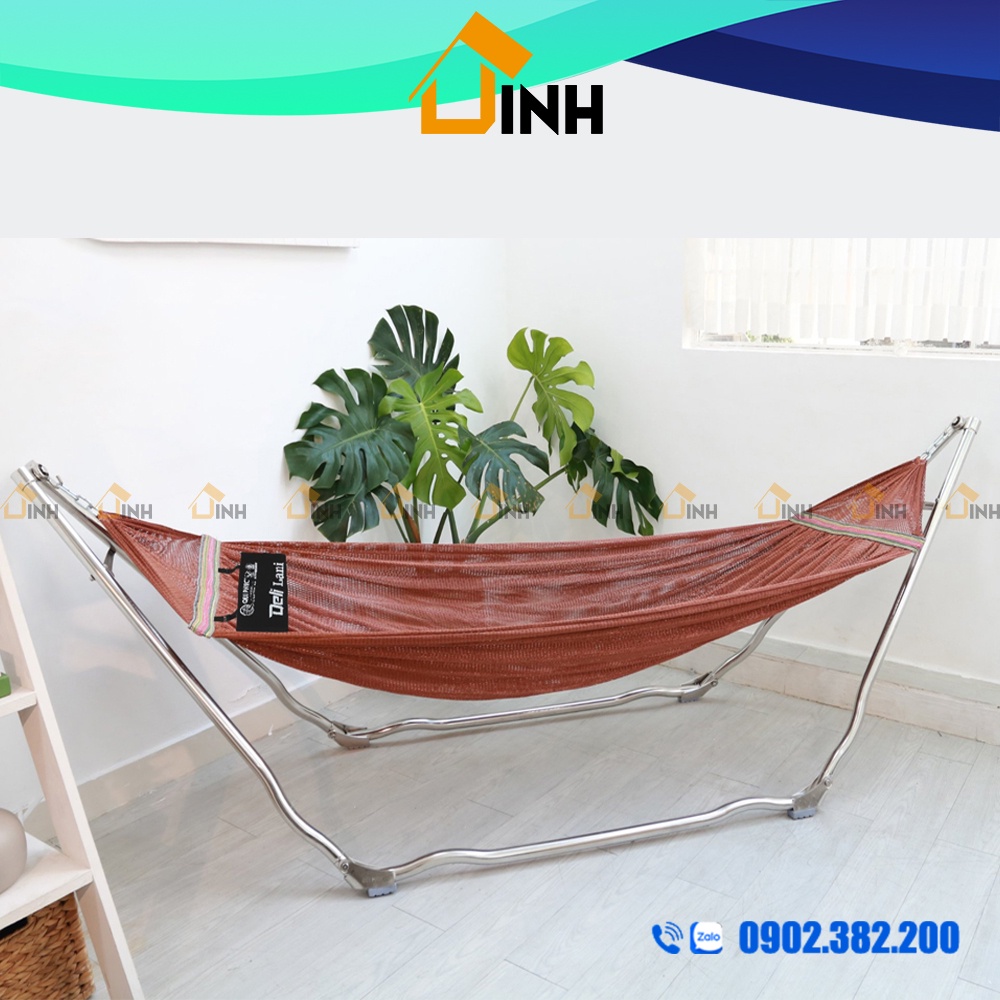 Võng xếp inox cao cấp Deli Lani Qui Phúc chịu tải 200Kg, giá võng inox có lưới tặng kèm gối nằm
