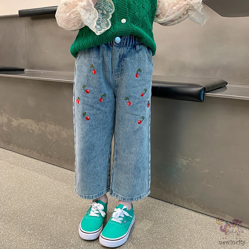 Quần Jean Dài Dáng Suông Rộng Lưng Thun Thêu Hình Cherry Kiểu Hàn Quốc Dễ Thương Cho Bé Gái