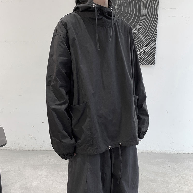 Áo khoác bomber nam nỉ áo khoác dù gió  Áo Khoác Hoodie Chui Đầu Dáng Rộng Màu Trơn Phối Dây Rút Kiểu Nhật Bản Thời Trang Xuân Thu Cho Nam