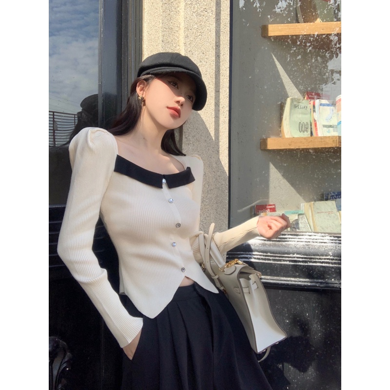 ZHELIHANGFEI Áo Sweater Dài Tay Lưng Cao Phong Cách Pháp Quyến Rũ