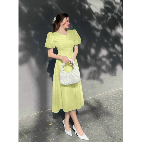 Đầm nhún xốp cổ tròn chất vải ô vuông 2 lớp Tara