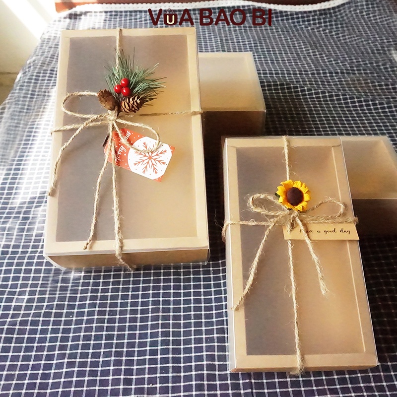Hộp quà tặng kraft nắp mờ kéo H12, hộp giấy kraft vintage kèm full phụ kiện làm quà sinh nhật, tốt nghiệp , giáng sinh