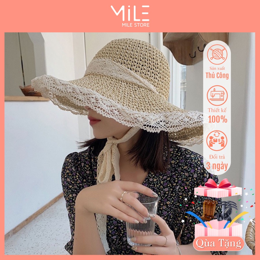 Mũ Cói Rộng Vành MILE STORE Đi Biển Vành Sóng Vải Quai Ren Tiểu Thư MC011