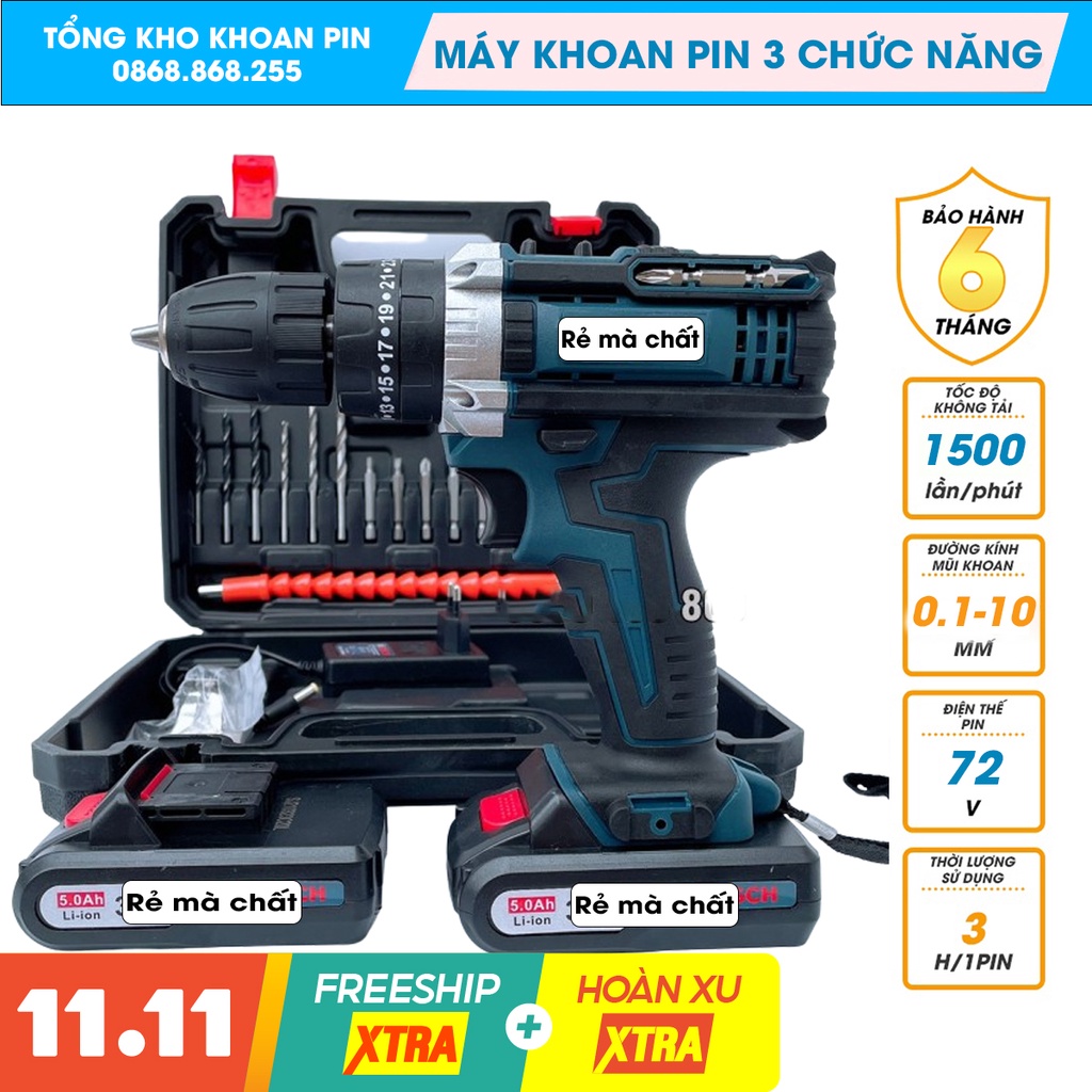 Máy Khoan Pin Bosh 72V, máy khoan tường khoan bê tông, may khoan pin 3 chức năng có búa, KHOAN, VÍT, BÚA