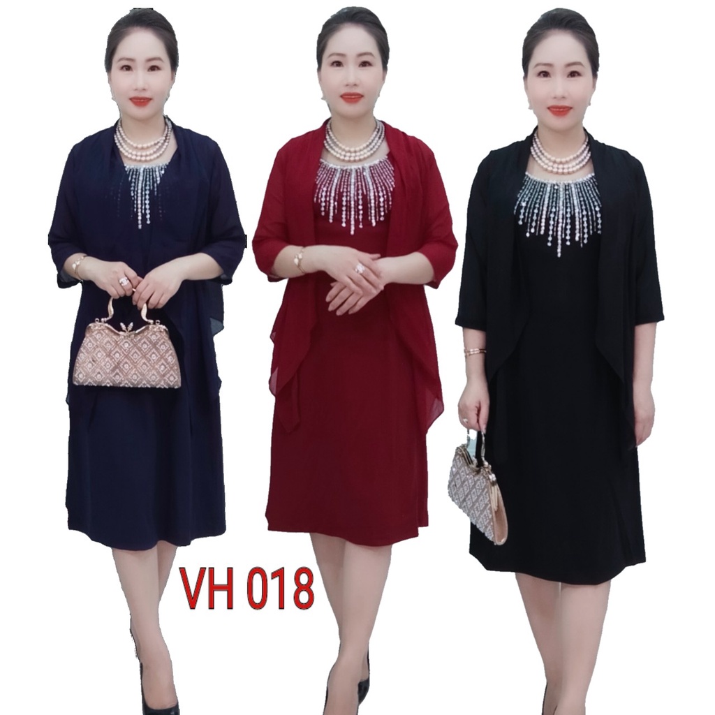 Vày đầm trung niên VH018 body dáng suông cổ kết đá kim sa kết hợp với áo choàng ngoài chất liêu vải voan thoáng mát