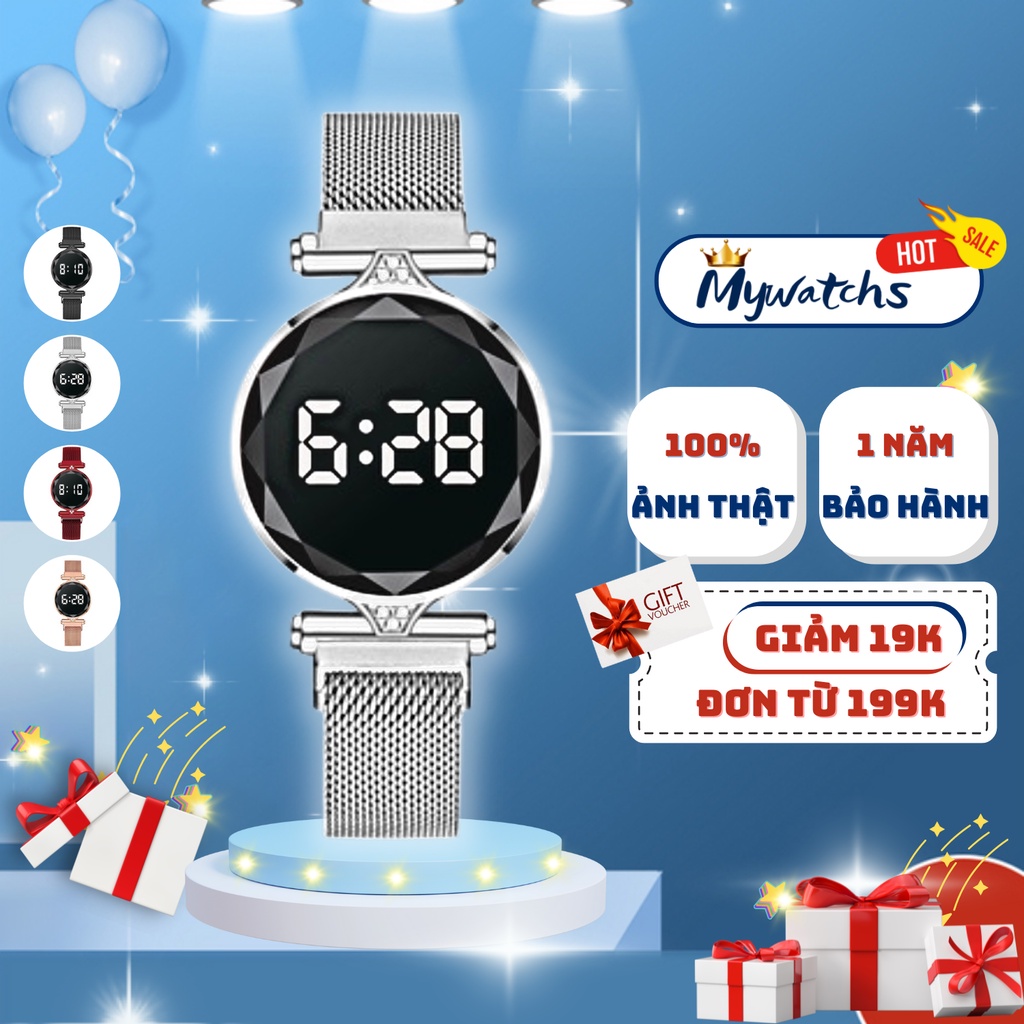 Đồng hồ cảm ứng tráng gương nữ mặt tròn dây thép lưới không gỉ, đồng hồ điện tử đeo tay mặt số LED khóa cài nam châm