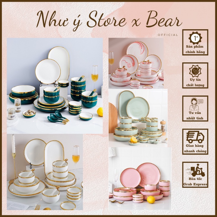 Bộ Bát Đĩa Đẹp, Chén Đĩa Sứ 26 Món Viền Vàng Cao Cấp Phong Cách Bắc Âu Dành Cho 6 Người Ăn, Sang Trọng