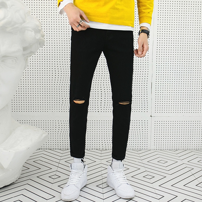 Quần jean nam TENJI QJ5050 đen chất bò họa tiết rách gối kiểu dáng kinny size (28-32+34)