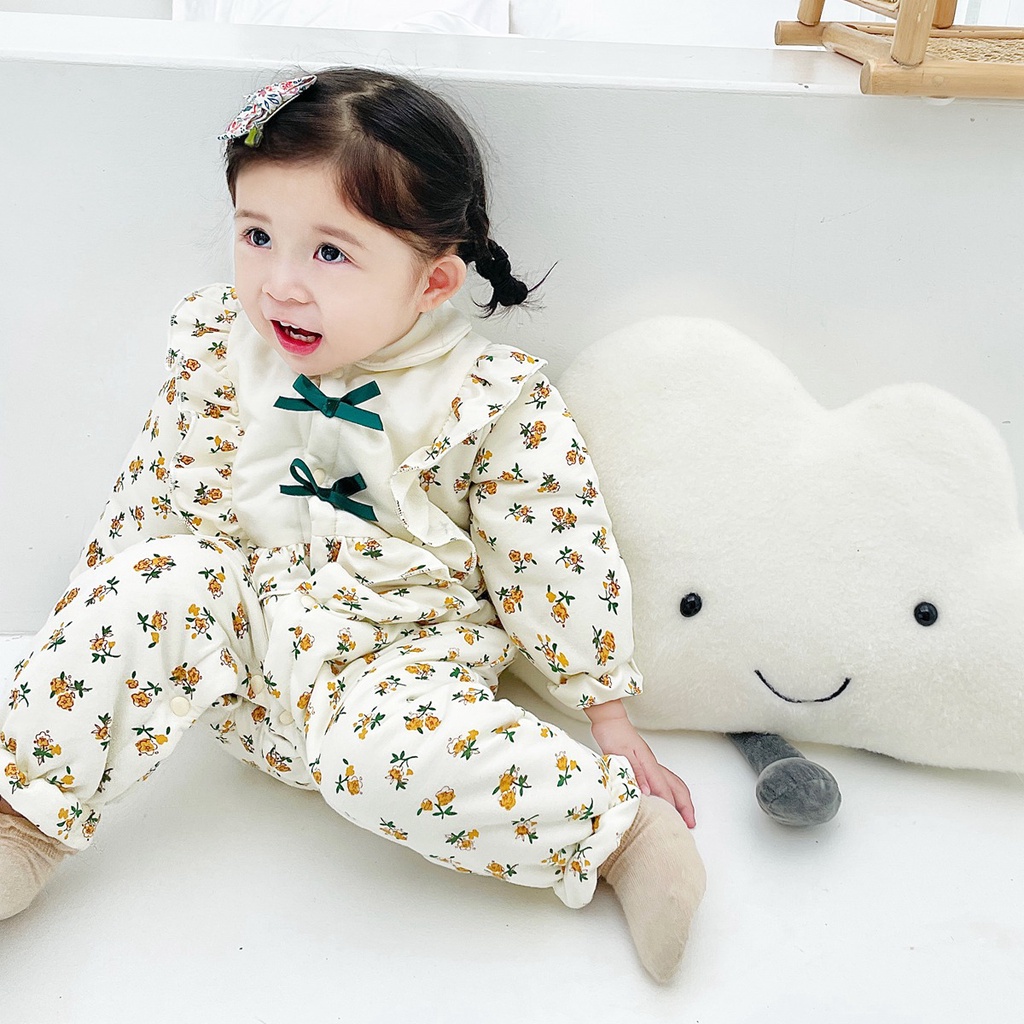 Sanlutoz Áo Liền Quần Dài Tay Chất Liệu Cotton In Hoa Dễ Thương Giữ Ấm Mùa Đông Dành Cho Bé Gái