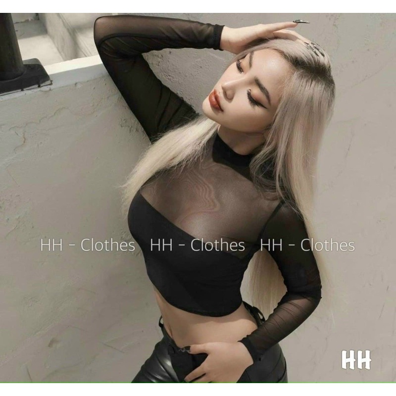 Áo Thun Croptop Phối Lưới Tay Dài Cổ Lọ