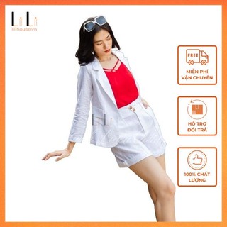 Set Đồ Bộ Blazer Trắng Phối Quần Đùi Nữ Công Sở Đẹp Chất Vải Linen Co Giãn Thâm Hút Mồ Hôi Có Size