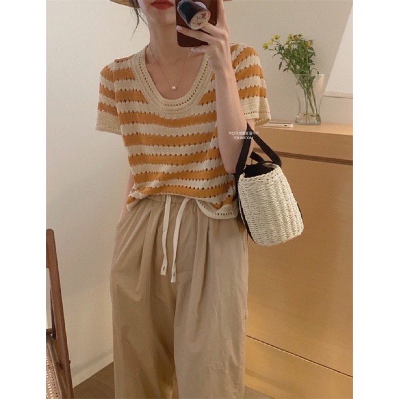 Áo len nữ dệt thủng, áo dệt kim dáng rộng kẻ sọc đen be thời trang hàn quốc cho nữ ..