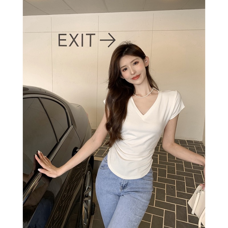 Áo thun tay ngắn cổ chữ V màu trơn thời trang hè cho nữ TX-22-9901