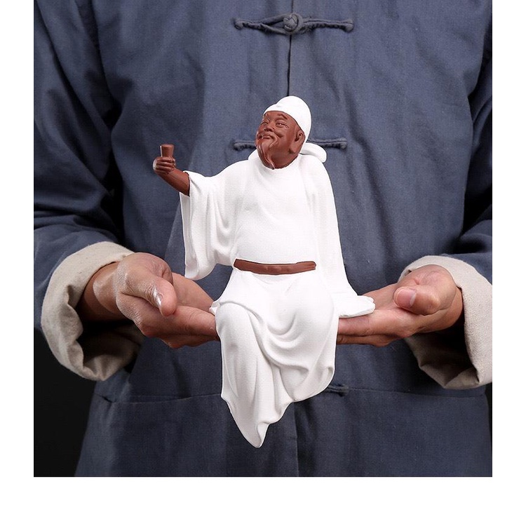 Tượng Lý bạch mời riệu ngắm trăng gốm tử sa cao cấp- Tượng lý bạch ngâm thơ trang trí decor tiểu cảnh phối lũa bonsai