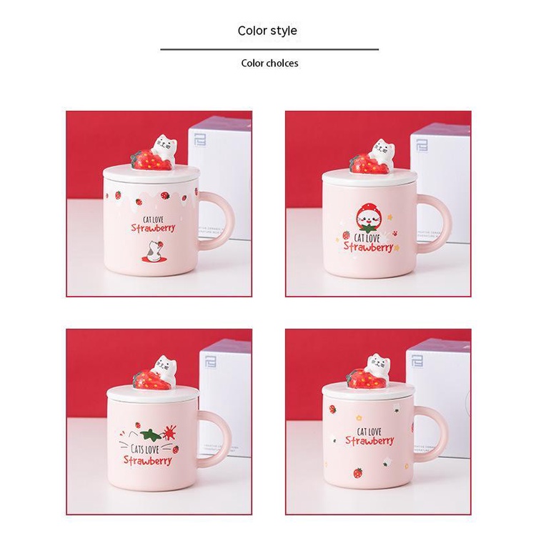 Cốc Sứ Uống Nước Có Nắp Đậy Họa Tiết Trái Dâu Hoạt Hình Dễ Thương