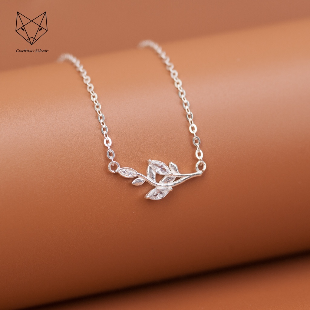 Dây Chuyền Bạc Ta Cao Cấp CaoBac Silver Hoạ Tiết Lá Lúa Đính Đá Lấp Lánh Nhẹ Nhàng, Thanh Lịch Dành Cho Bạn Gái