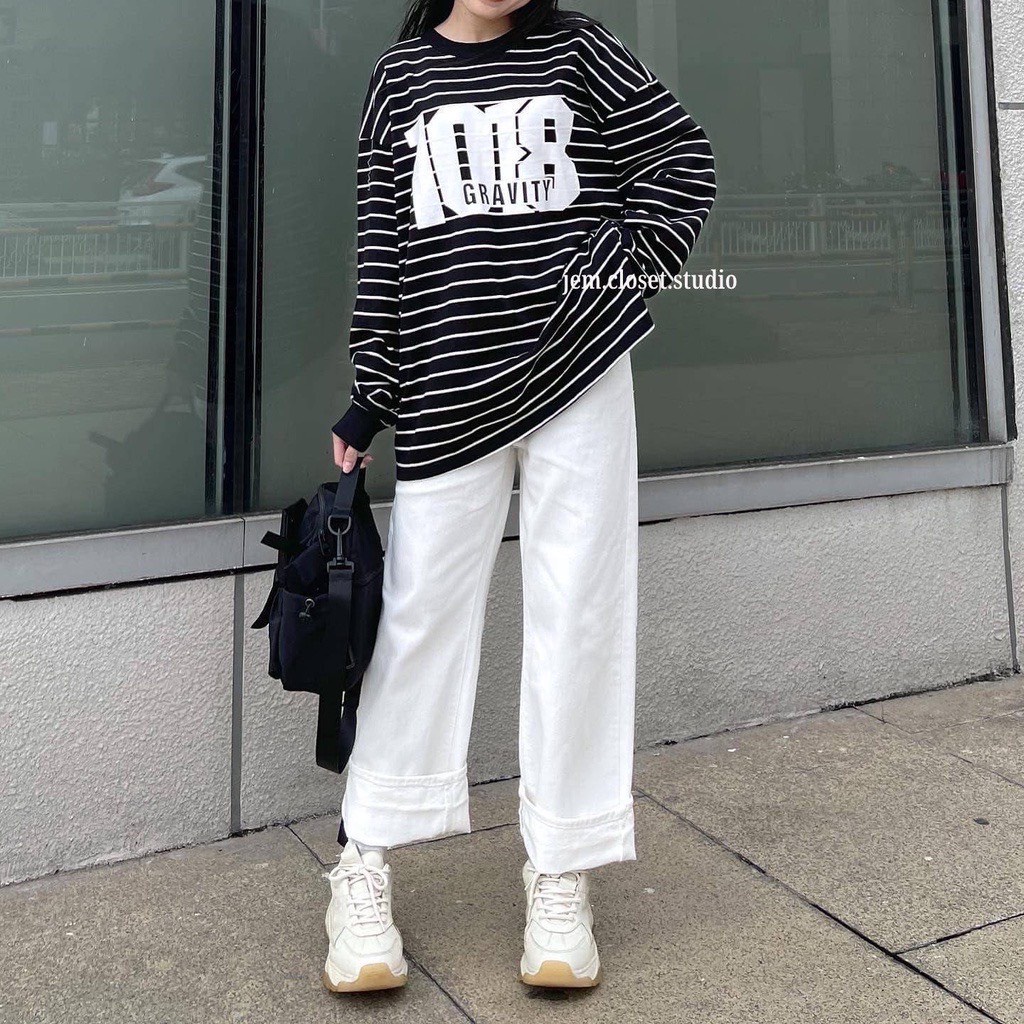 Áo Nỉ Sweater Dáng Rộng Unisex Kẻ Sọc 1018 Nam Nữ Chun Tay Form To Uzzlang