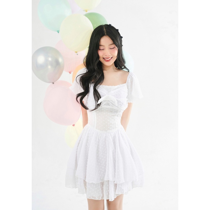 MYUNG - Đầm voan hạt trắng cổ vuông tiểu thư - ANGEL DRESS