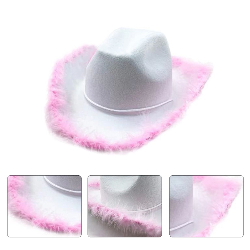 Mũ Cao Bồi Fedora Đính Lông Vũ Tua Rua Màu Hồng Tinh Tế Dùng Hóa Trang Unisex