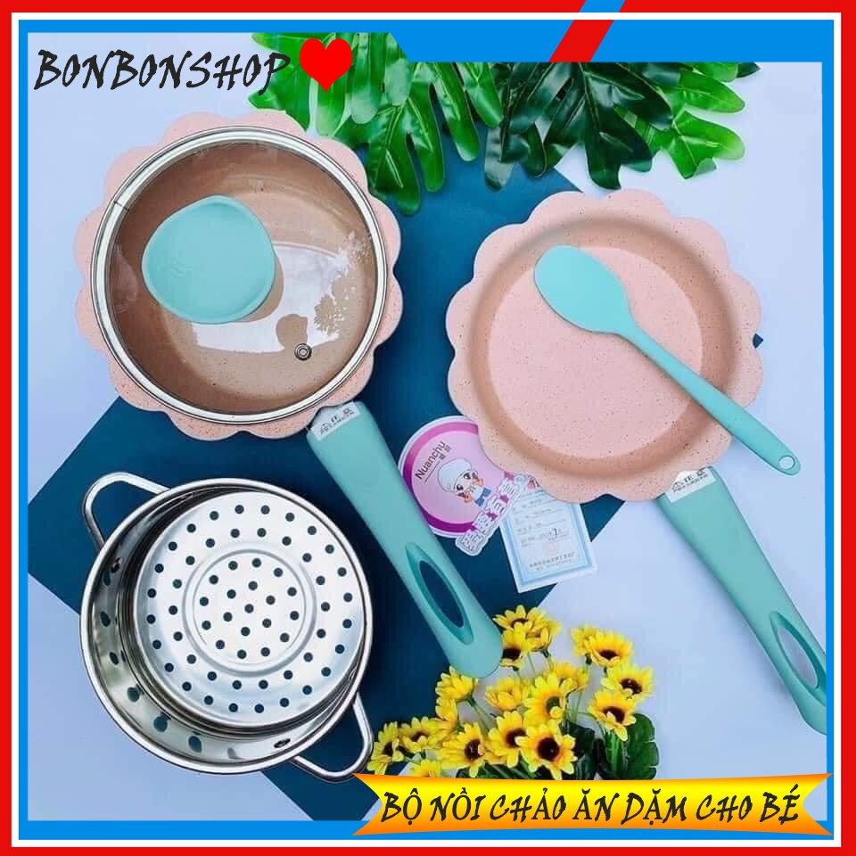 Bộ Nồi Chảo Ăn Dặm Cho Bé, Nồi nấu cháo cho bé Kèm Xửng Hấp 16cm