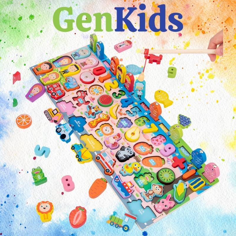 Bảng chữ cái, con số bằng gỗ cho bé 5in1 GenKids bộ 5 hàng câu cá, chữ số, trái cây, động vật, giao thông, gia đình