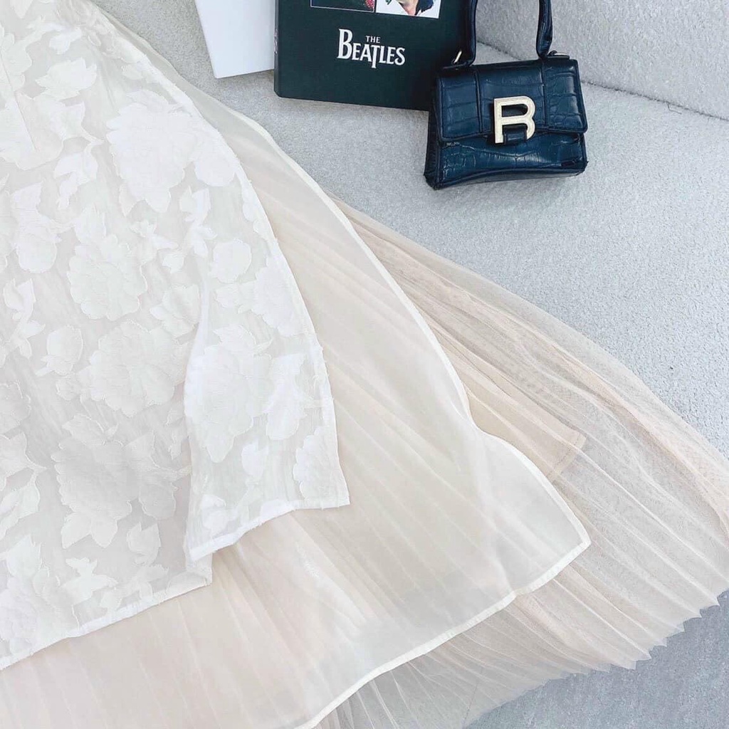 SET Áo Dài hoa nổi tay lỡ kèm Chân Váy midi nude dập ly diện Tết NÀNG CLOSET