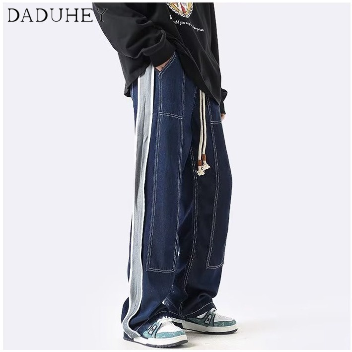 DaDuHey Men's American-Style Retro High Street Patchwork Casual Pants Ins Fashion Brand Straight Loose Jeans