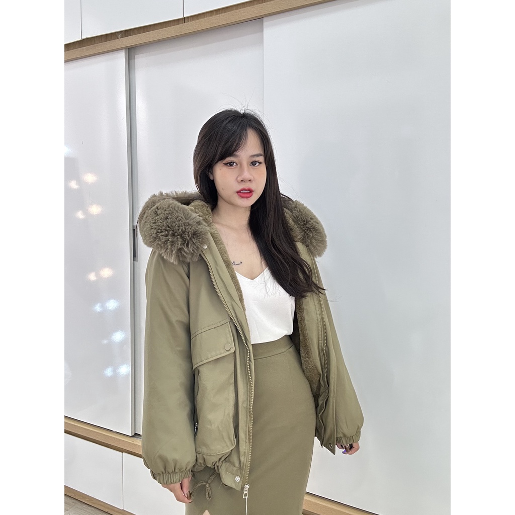 Áo khoác Parka Kaki dáng ngắn lót lông điểm nhấn khoá kéo nắp túi hộp trẻ trung dáng mới phong cách Hàn Quốc 2023 1831 I